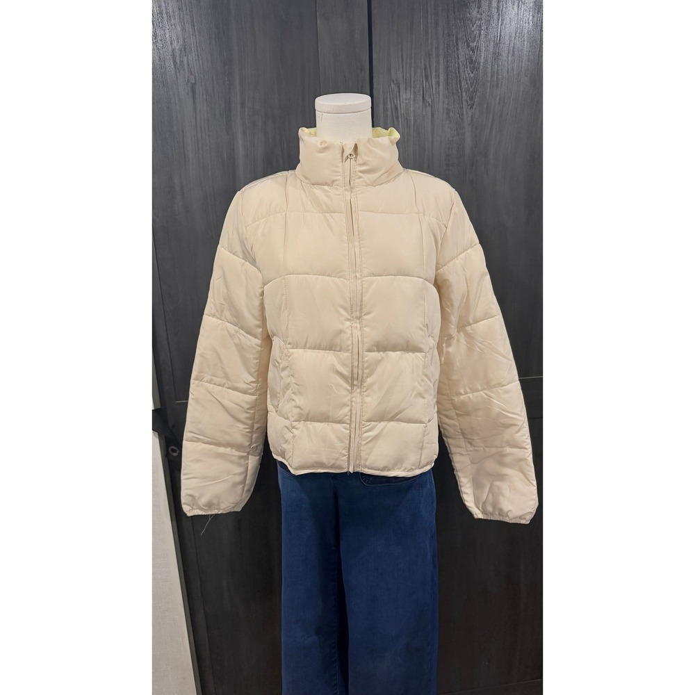 No Boundaries Womens Lightweight Packable Puffer Jacket Tan Lime Green S/M